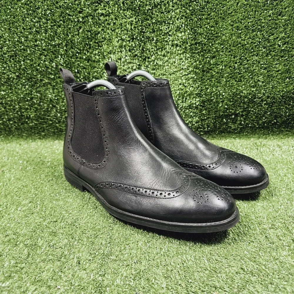 Clarks Wingtip Brouge Black Leather Pull On Chelsea Ankle Boots Mens Size‎ 10